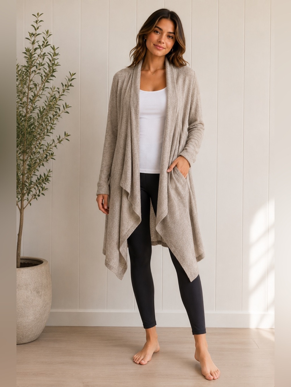Barefoot Dreams CozyChic Lite Cardigan Longline Waterfall Taupe Lounge L/XL